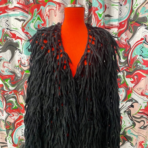Shaggy black muppet/goth /festival/hippie Jacket wool, open crochet knit style - Picture 1 of 4